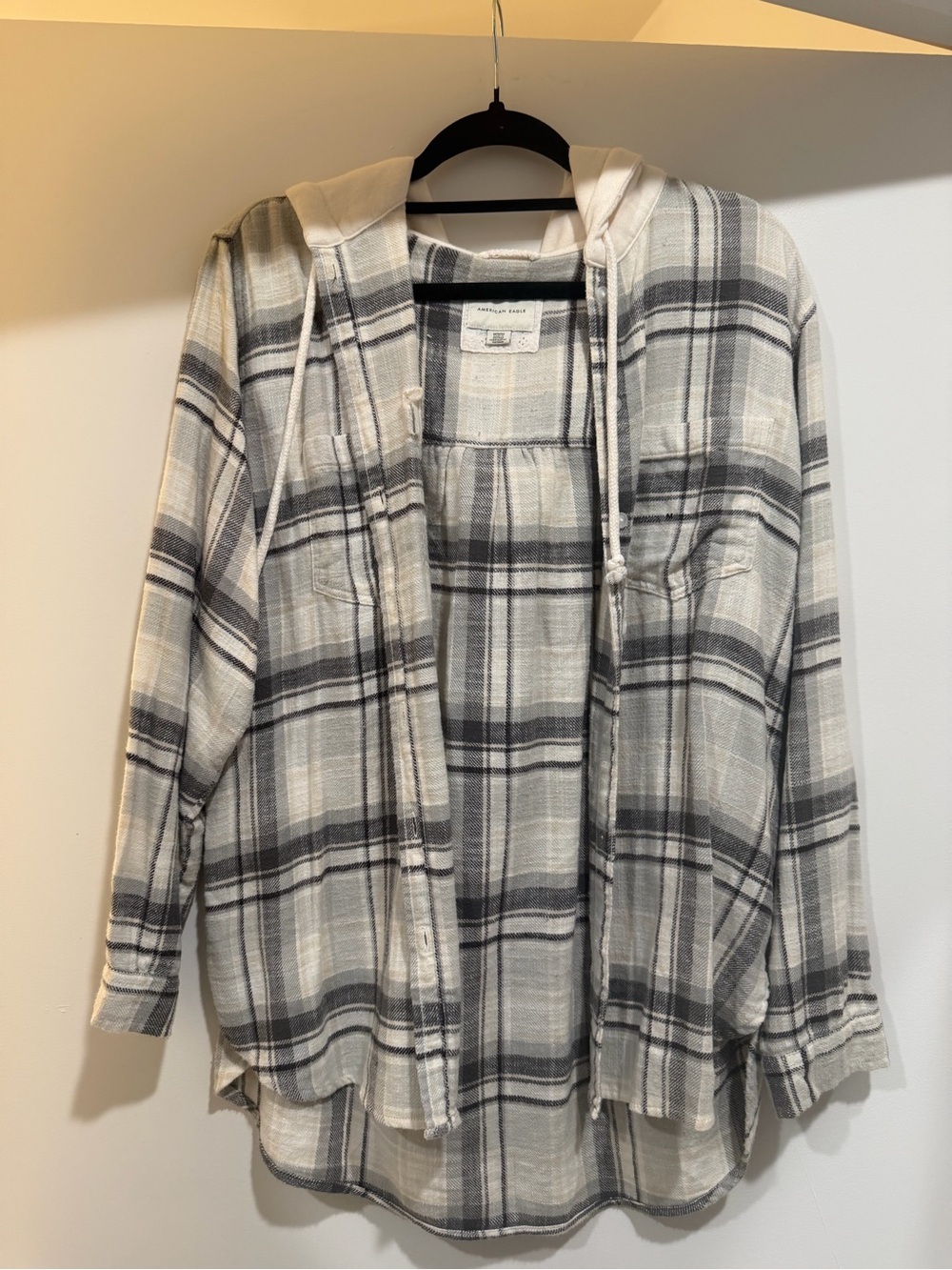 American Eagle Outfitters Gray and Cream Plaid Hooded Shirt